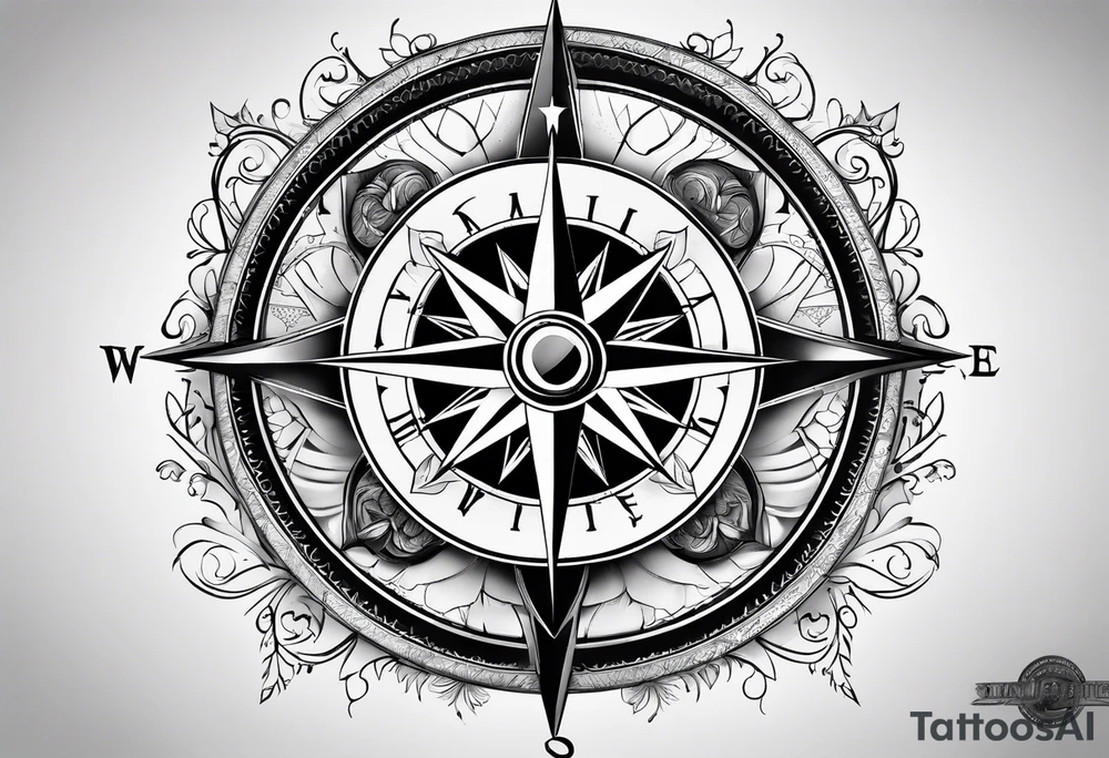 A black and white detailed compass tattoo idea