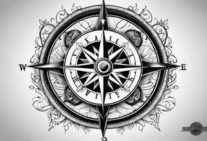 A black and white detailed compass tattoo idea