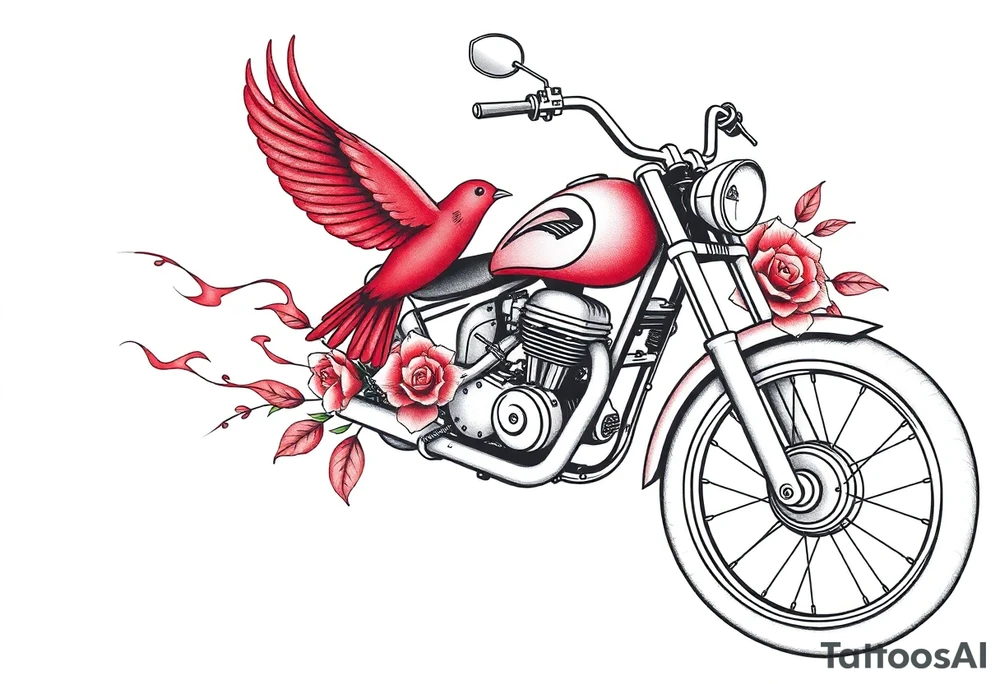 Motorcycle, red bird flying, roses and lace, flames tattoo idea