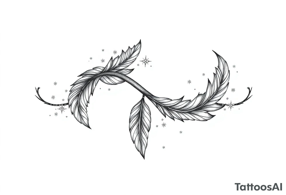 infinity symbol woven with floating feathers and stardust tattoo idea