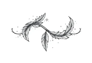 infinity symbol woven with floating feathers and stardust tattoo idea