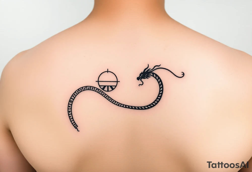 "Minimalist tattoo line wrapping around forearm. Black Greek meander pattern with:  
1. Small red sun (circle + 4 triangles)  
2. Flowing black dragon (simple zigzag)  
No background, no shading, perfect loop." tattoo idea