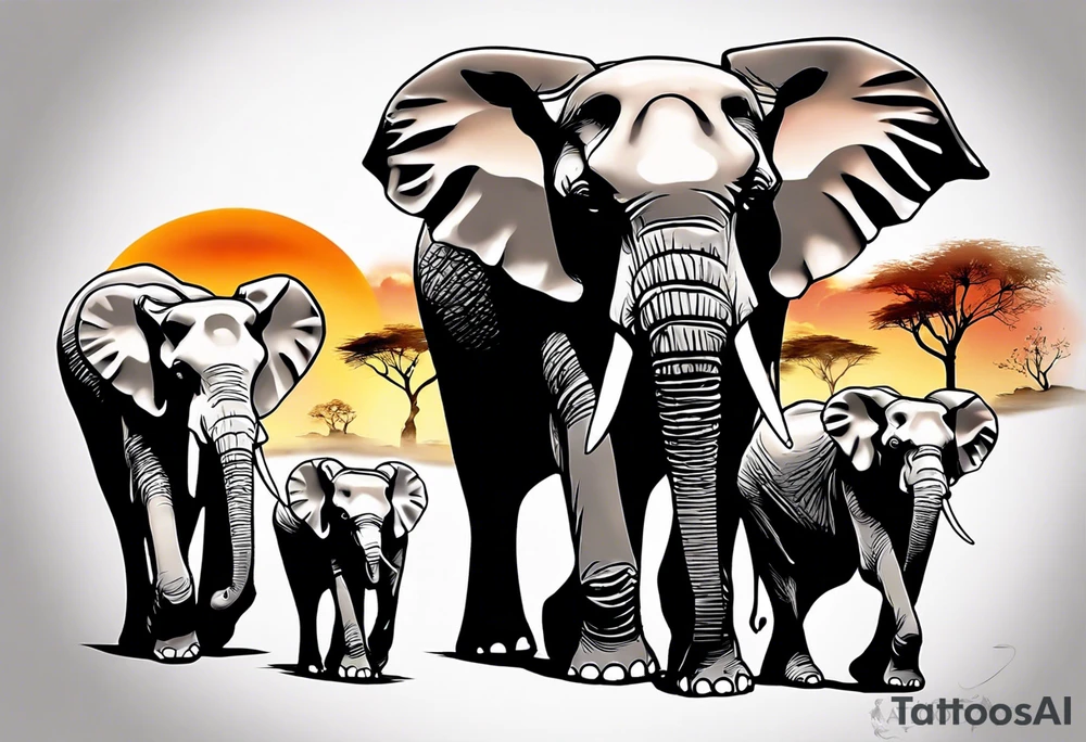 family of 6 elephants walking into sunset tattoo idea