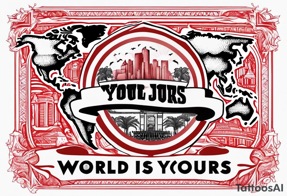The world is yours from scarface movie with red letters 3d tattoo idea