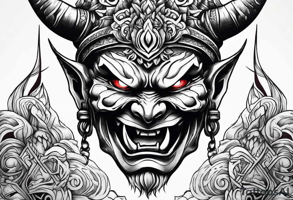 Protection against evil Oni mask tattoo idea