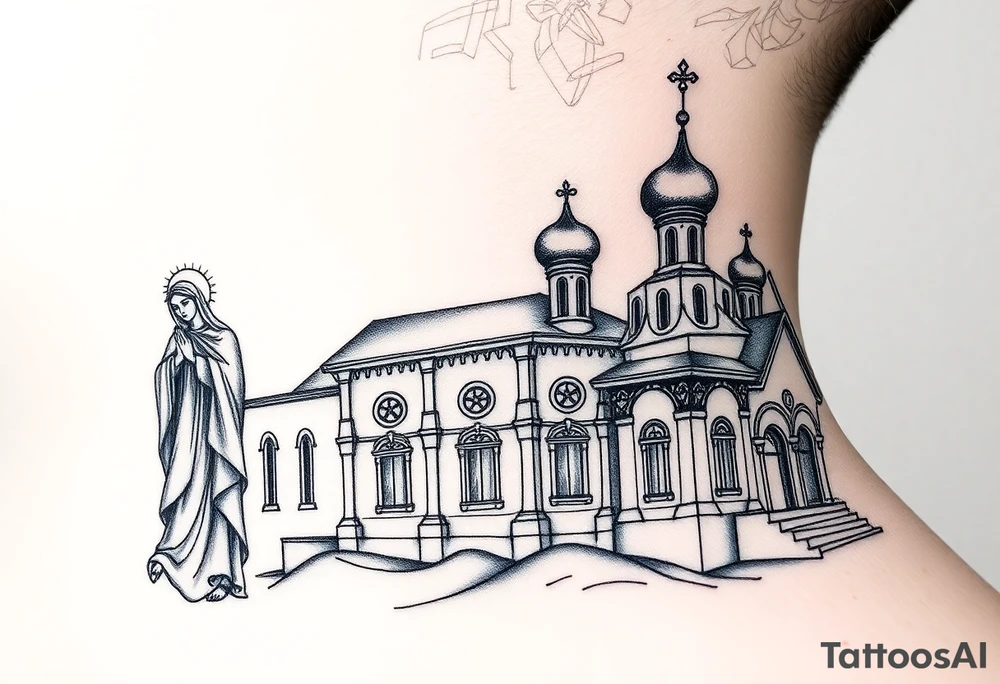 medium sized Russian orthodox church with bulb domes with a prominent russian orthodox style virgin mary stood outside to the left tattoo idea
