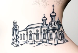 medium sized Russian orthodox church with bulb domes with a prominent russian orthodox style virgin mary stood outside to the left tattoo idea