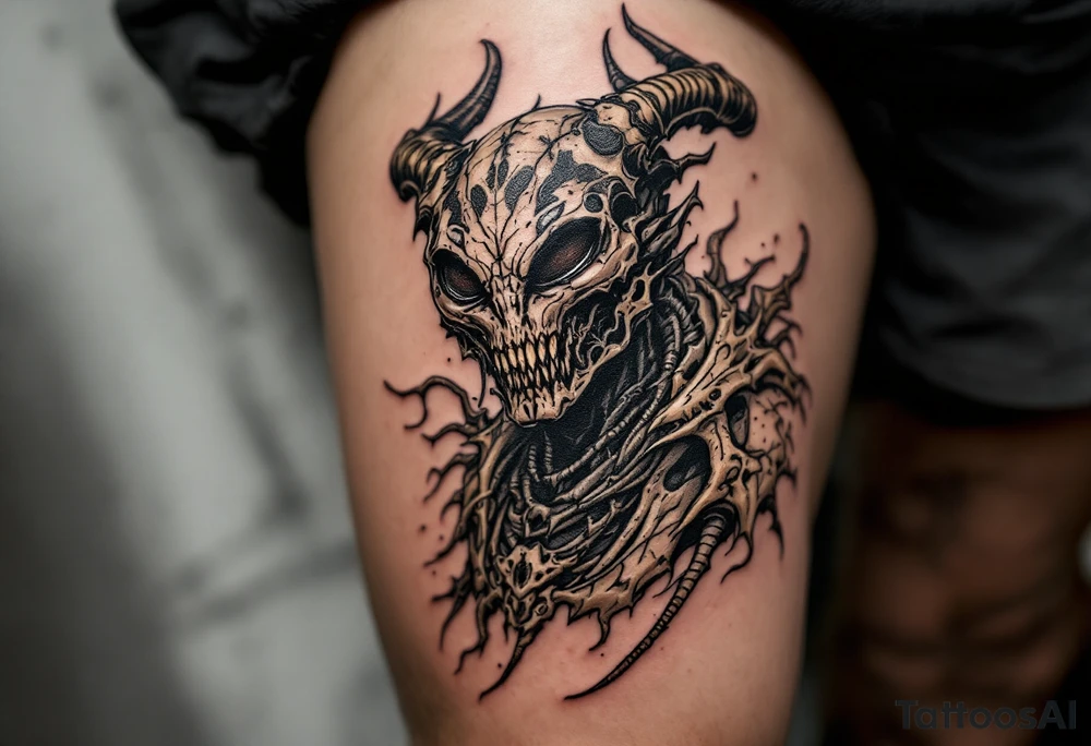 Primal Stalker Hunter – A war-hardened extraterrestrial warrior with dark brown and black mottled skin, covered in deep battle scars. Wears bone-plated armor from past conquests with primitive carvings. tattoo idea