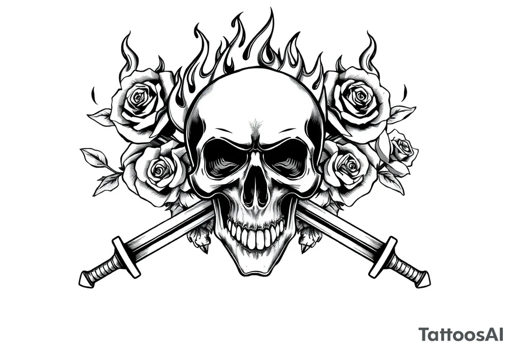 Skull engulfed in flames, crossed swords behind, blooming roses. tattoo idea