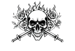 Skull engulfed in flames, crossed swords behind, blooming roses. tattoo idea