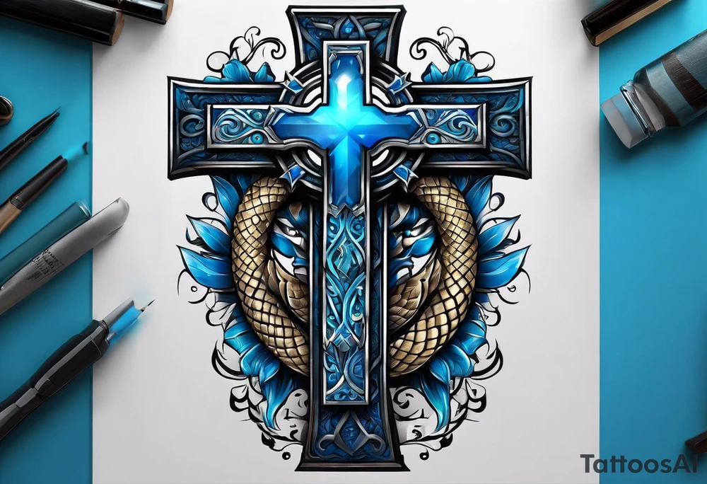 A cross with a viper around it, eyes are bright blue color, no peripherals, just cross and viper tattoo idea
