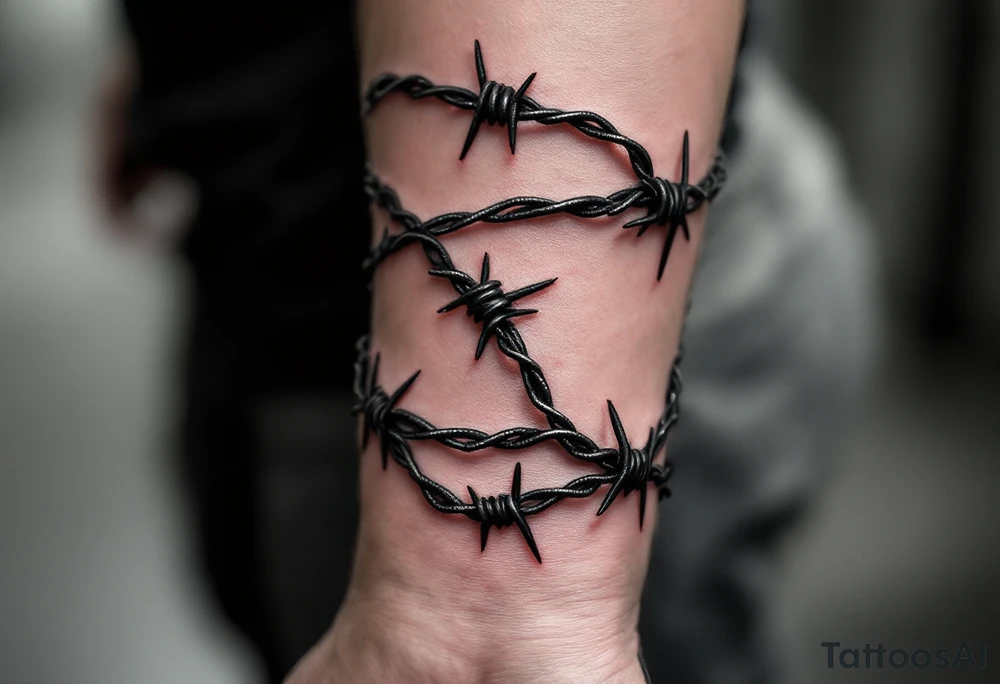 A realistic black and dark silver barbed wire tattoo wraps tightly around the arm, with sharp crimson highlights on the barbs and subtle shading to create a three-dimensional, metallic effect against the skin. tattoo idea