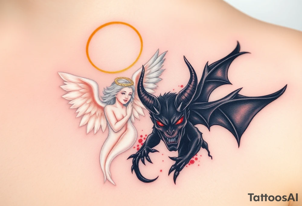 A radiant angel, with soft white wings and a glowing halo, surrounded by light, juxtaposed against a dark demon, with jagged black wings and fiery red eyes, symbolizing the ultimate conflict between good and evil. tattoo idea
