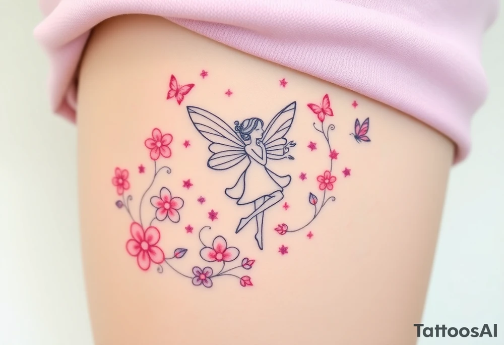 Whimsical fairy surround by pink and purple flowers and butterflies and sparkles tattoo idea