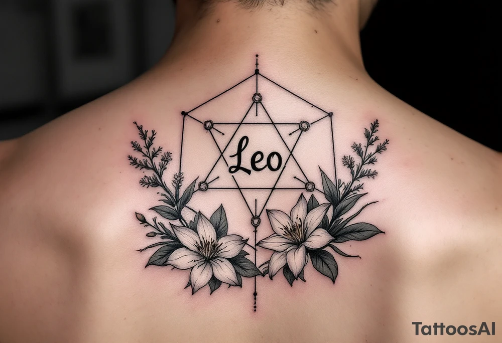 Small Feminine simple Dotted Line hexagon with Leo astrological symbol surrounded by larkspurs and water lilies tattoo idea