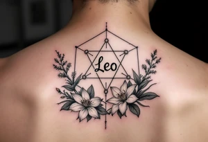 Small Feminine simple Dotted Line hexagon with Leo astrological symbol surrounded by larkspurs and water lilies tattoo idea