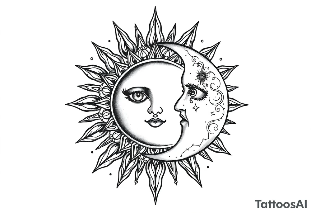 celestial sun and moon embrace with constellation patterns tattoo idea celestial sun and moon embrace with constellation patterns tattoo idea