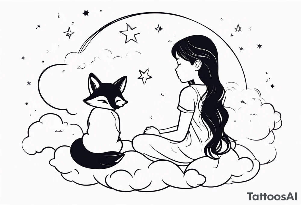 little girl with a fox sit side by side on a cloud and look at the stars tattoo idea