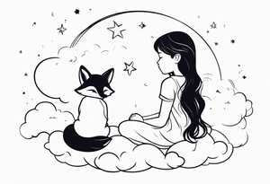 little girl with a fox sit side by side on  a cloud and look at the stars tattoo idea
