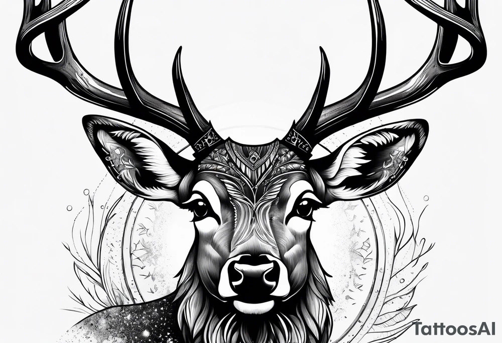 Strong deer with antlers with universe as eyes tattoo idea