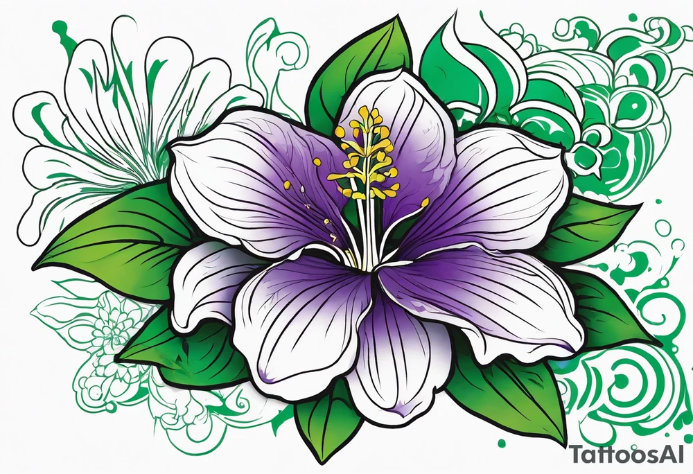 An outline of a green rio dipladenia flower and a green/purple splash in the background tattoo idea