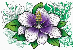 An outline of a green rio dipladenia flower and a green/purple splash in the background tattoo idea