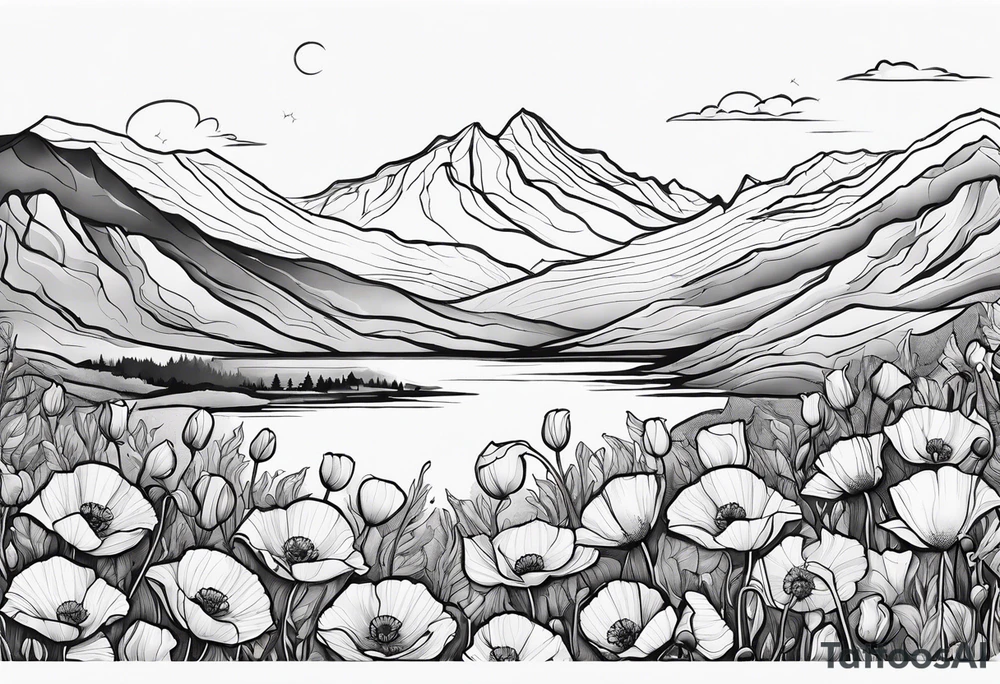 Poppy flowers with colorado mountains and the ocean tattoo idea