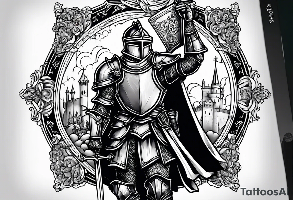 knight holding a bible over his head tattoo idea