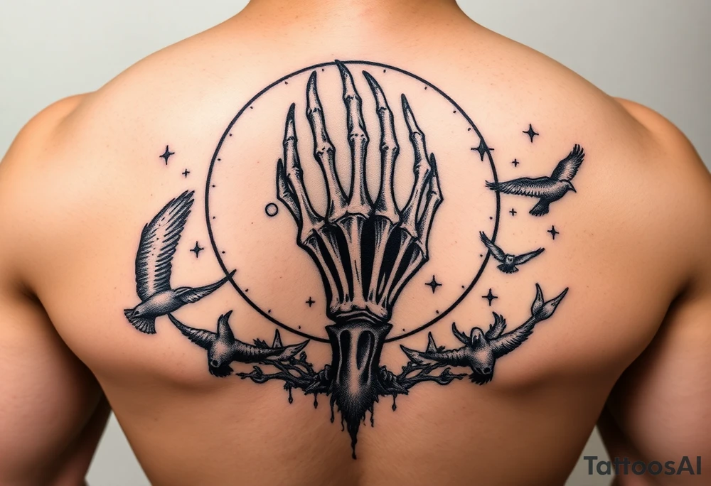 zodiac cancer skeletal hand snile with fangs on a fyull bloody moon surrounded by dead birds and a hellish starry sky tattoo idea