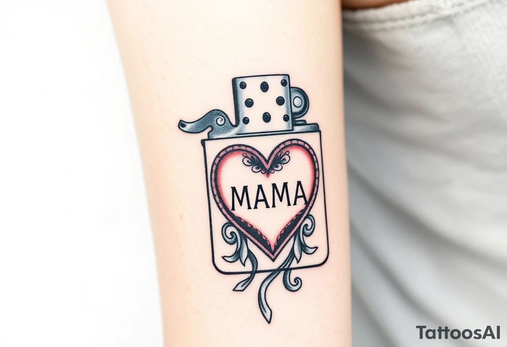 A traditional style tattoo design of a vintage zippo lighter with a traditional mom heart on the front with the words quote “MAMA” tattoo idea