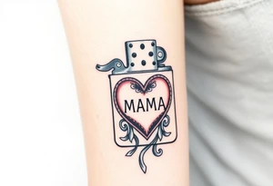 A traditional style tattoo design of a vintage zippo lighter with a traditional mom heart on the front with the words quote “MAMA” tattoo idea