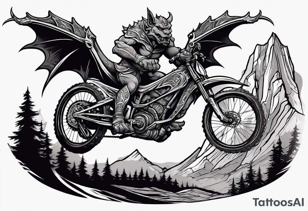 gargoyle riding a full suspension mountain bike with a shadow no landscape tattoo idea