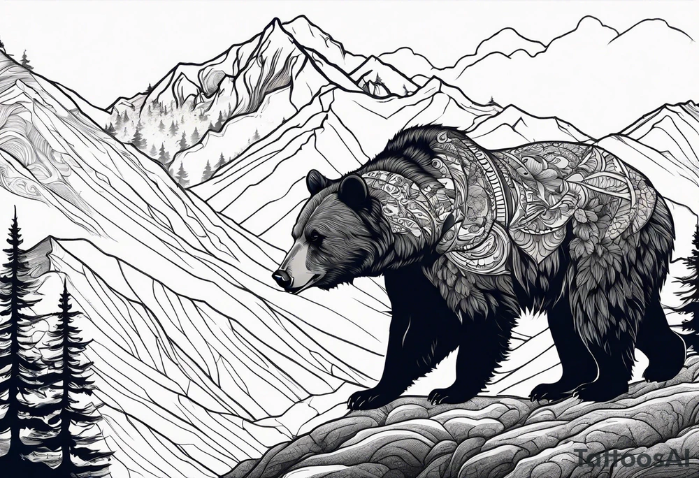 Bear in the mountains, hunting elk and deer tattoo idea