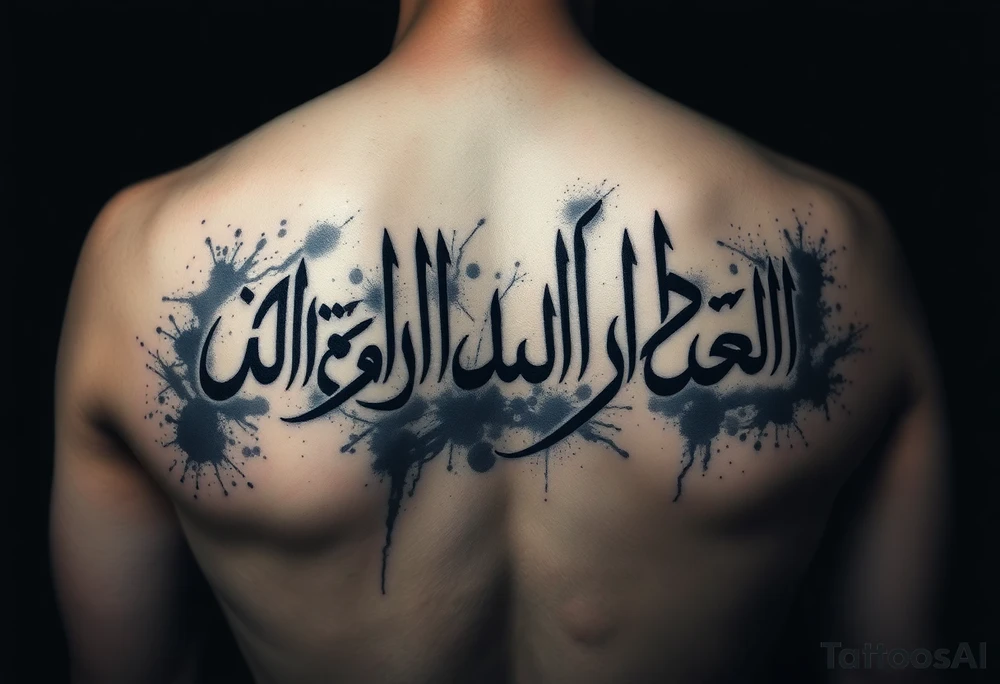 Dark surrealism style tattoo. The phrase "لا فتی الا علی لا سیف الا ذوالفقار" emerging from shadows and ink splatters. Gritty texture, charcoal sketch style, dramatic depth. The calligraphy looks sharp and dangerous, like cold steel. Gothic influence, powerful energy, heavy shading, masterpiece quality. tattoo idea