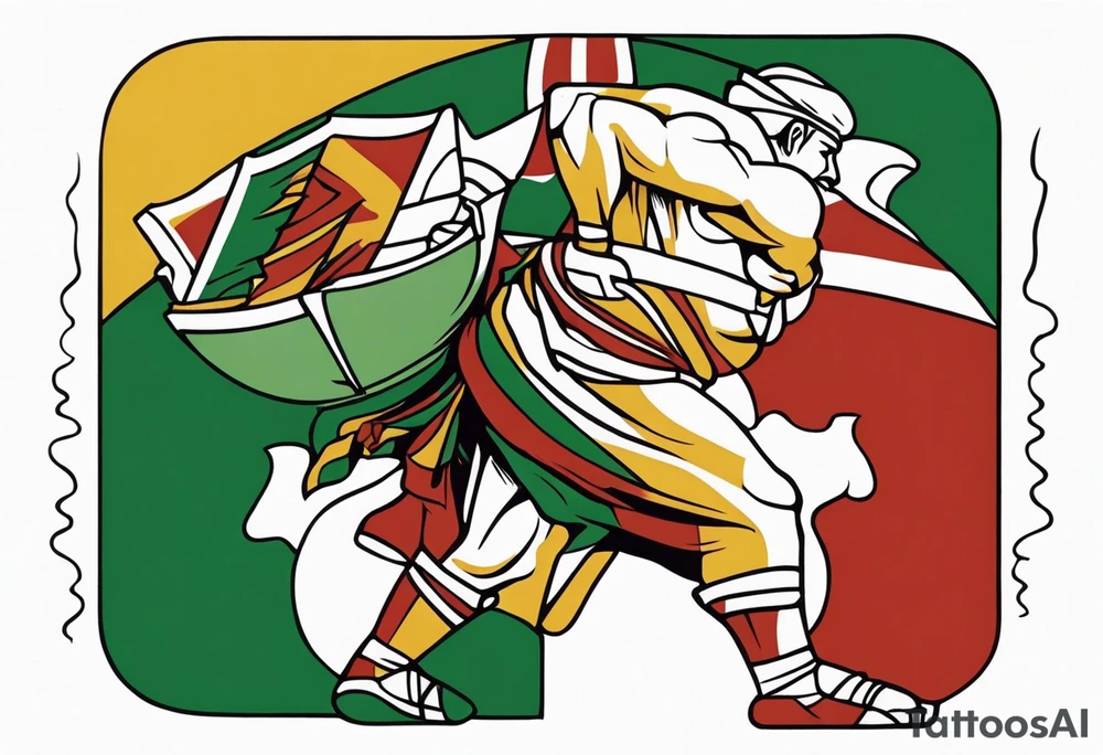 Traditional American tattoo of atlas or someone carrying something on his back, try to keep the colors to a minimum; red, green, brown, yellow tattoo idea