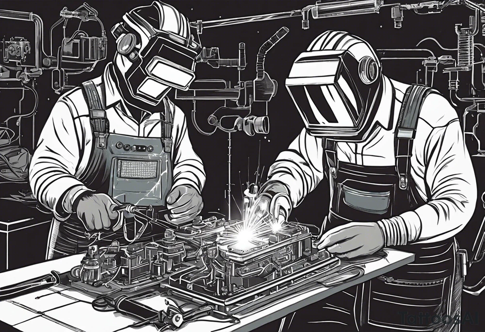 Two 60-year-old characters working together on creating a big mechanism made of iron, gems and electronic circuits. The first character is a welder, dressed in a welding suit and mask. The second character is a fitter, wearing a shirt with sleeves rolled up to the forearms and a tool belt. has no hat. The mechanism they are working on should be in the center of the drawing, should look like a human heart and to be 1\5 of the whole immage.  Characters positioned on either side of the mechanism. tattoo idea