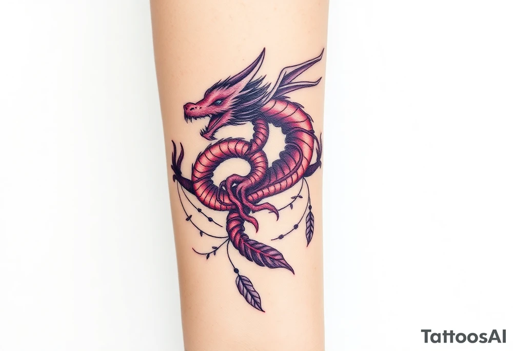 A bracelet wrapped around the arm dragon with purple and red tones, feathers and vines tattoo idea