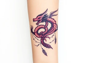 A bracelet wrapped around the arm dragon with purple and red tones, feathers and vines tattoo idea