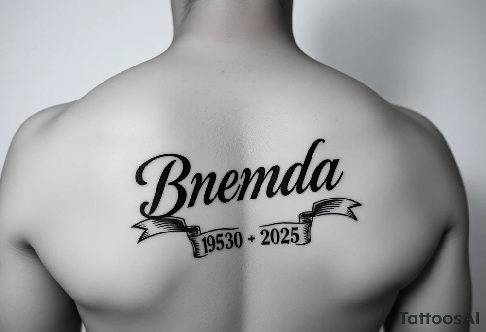 "BRENDA" going down arm
WITH RIBBONS UNDERNEATH SHOWING 1950-2025 tattoo idea
