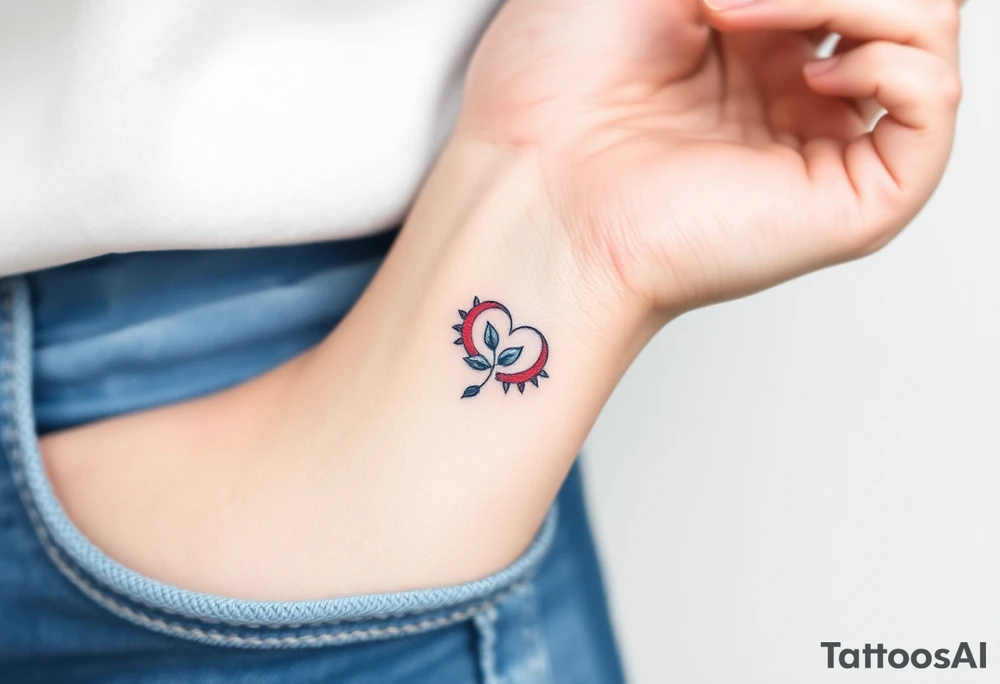 Design a very small (max 2x2 cm) tattoo for the inner wrist that subtly symbolizes lesbian identity. It should be minimal and delicate — possibly fine line or soft color. The design must be discreet yet meaningful, not instantly recognizable as LGBTQ but with layered symbolism. Think of subtle elements like intertwined female symbols, abstract sapphic references, or a hidden double meaning through nature (e.g. flowers, moons, triangles). Avoid clichés or bold pride imagery. Keep it elegant, wearable, and intimate tattoo idea