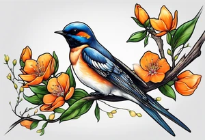 swallow sitting on an orange blossom branch with its wings up tattoo idea