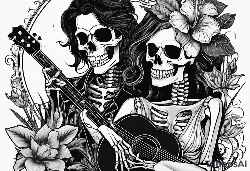two skeletons. a female skeleton with hibiscus flower listening to a male skeleton play guitar . western style tattoo idea