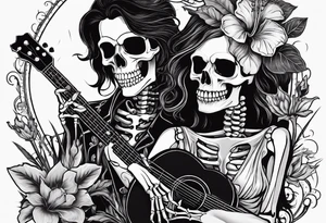 two skeletons. a female skeleton with hibiscus flower listening to a male skeleton play guitar . western style tattoo idea