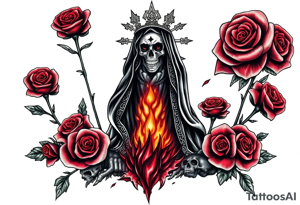 Powerful and evil Santa muerte rising from the flames and ashes of hell, surrounded by unclaimed souls and roses tattoo idea