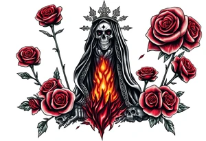 Powerful and evil Santa muerte rising from the flames and ashes of hell, surrounded by unclaimed souls and roses tattoo idea
