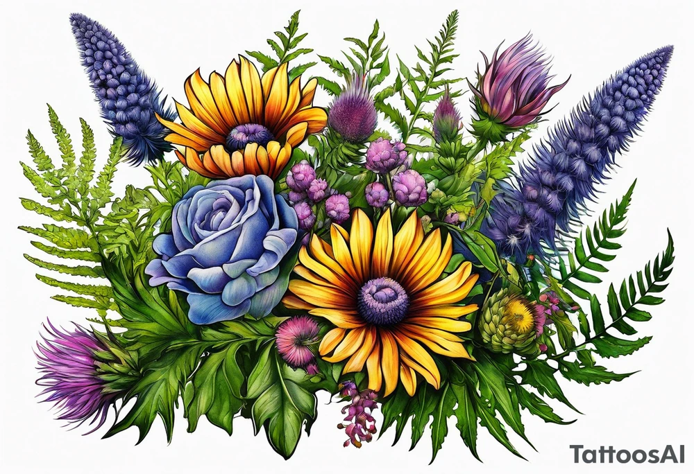 spread out mixed wildflower bouquet with ferns, thistle and with color tattoo idea