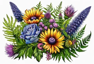 spread out mixed wildflower bouquet with ferns, thistle and with color tattoo idea