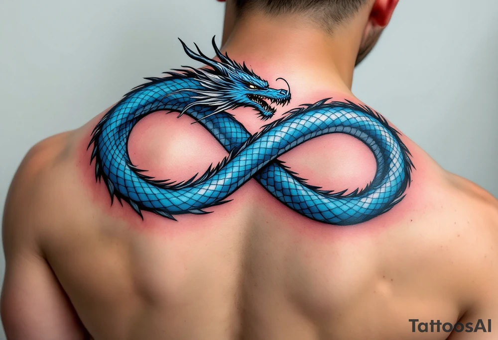 The design features a dragon, coiled in the shape of the infinity symbol (sideways number "8"). The dragon is depicted eating its own tail, symbolizing eternity and continuity, inspired by the Ouroboros.

Details:

The dragon's body has vibrant, glossy blue scales, with a smooth and polished texture.
It maintains a clean, balanced shape in the infinity figure, with sharp details and elegant flow.
Style:

The focus remains on the dragon's form, with no additional background elements to keep the design minimal and modern. tattoo idea
