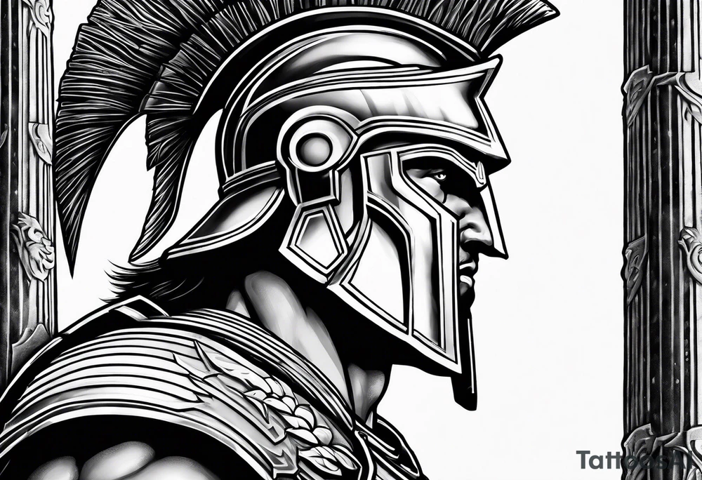 Close up of spartan solider looking left at distant Ancient pillars tattoo idea