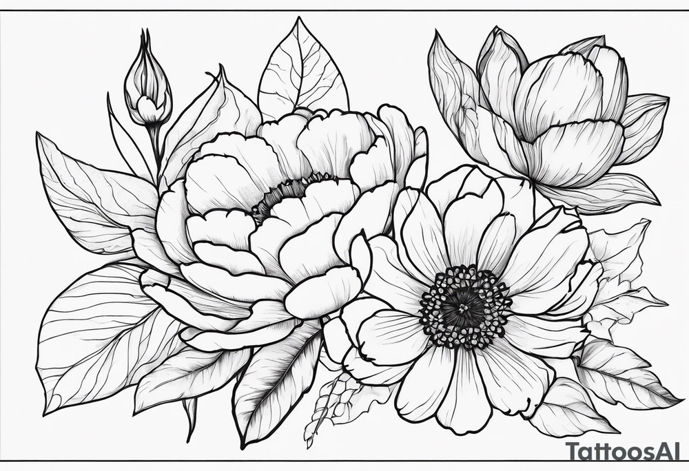 peony, calendula, sunflower, tulip, cherry blossom, ginko leaf tattoo idea